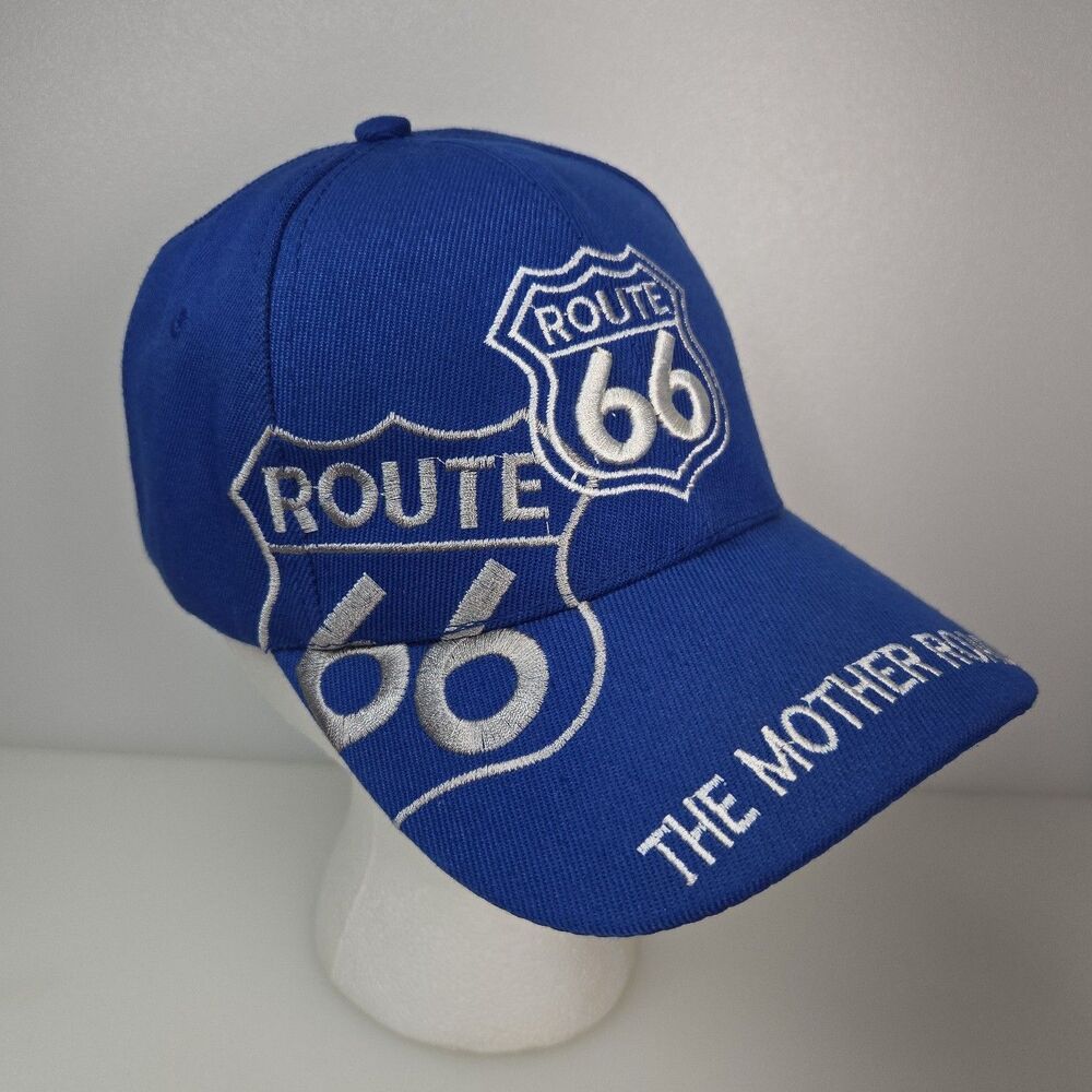 Route 66 The Mother Road Embroidered Blue White Baseball Cap Hat OS Adjustable